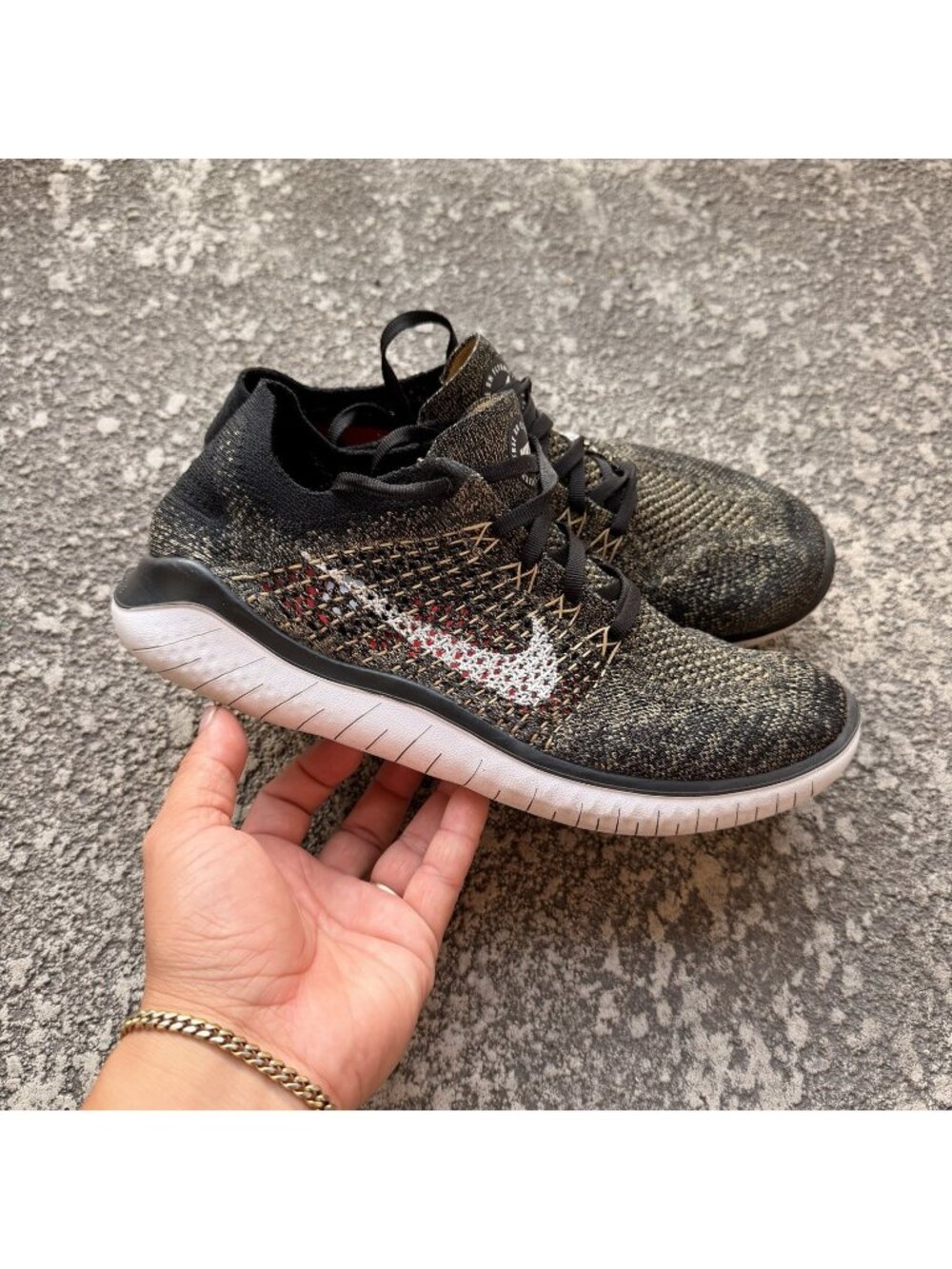 Nike Free RN Flyknit 2018 Mens Size 8.5 Black Gold Running Shoes 942838-005